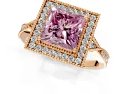 Halo Engagement Ring Setting for Fancy Pink Princess Cut Center with Milgrain Rim, Pave Band and Prong Head in Rose Gold