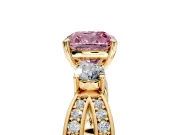 3 Stone Engagement Ring Setting for Fancy Pink Cushion Cut Center with Pave Twist Band and Prong Head in Yellow Gold