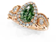 Milgrain Halo Engagement Ring Setting for Fancy Green Pear-Shaped Center with Shoulder Bezels and Prong Head in Rose Gold