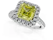 Halo Engagement Ring Setting for Fancy Yellow Asscher Cut Center with Raised Halo, Pave Band and Prong Head in Platinum