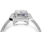 Milgrain Halo Engagement Ring Setting for Radiant Cut Center with Three-Sided Pave Band and Prong Head in White Gold