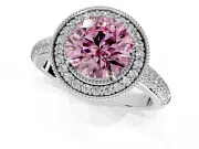 Milgrain Halo Engagement Ring Setting for Fancy Pink Round Cut Center with Three-Sided Pave Band and Prong Head in Platinum