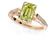 Cathedral Engagement Ring Setting for Fancy Yellow Emerald Cut Center with Antique-Style Pave Band and Prong Head in Rose Gold