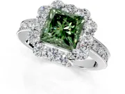 Halo Engagement Ring Setting for Fancy Green Princess Cut Center with Milgrain Channel Band and Prong Head in White Gold