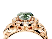 Halo Engagement Ring Setting for Fancy Green Oval Center with Open Scroll Shoulders and Prong Head in Rose Gold