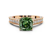 Solitaire Engagement Ring Setting for Fancy Green Cushion Cut Center with Milgrain-Framed Pave Band and Prong Head in Rose Gold