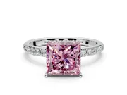 Hidden Halo Engagement Ring Setting for Fancy Pink Princess Cut Center with Pave Band and Prong Head in Sterling Silver