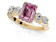 5 Stone Engagement Ring Setting for Fancy Pink Emerald Cut Center with Equal Close-Set Accents and Prong Head in Yellow Gold