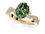 Solitaire Engagement Ring Setting for Fancy Green Oval Center with Bar-Station Pave Twist and Prong Head in Yellow Gold