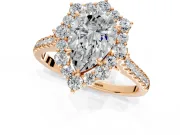 Halo Engagement Ring Setting for Pear-Shaped Center with Single-Row Pave, Open Basket and Prong Head in Rose Gold