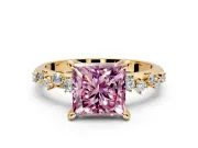 Solitaire Engagement Ring Setting for Fancy Pink Princess Cut Center with Trailing Leaf Accent Band and Prong Head in Yellow Gold