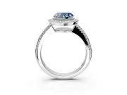 Milgrain Halo Engagement Ring Setting for Fancy Blue Heart-Shaped Center with Three-Sided Pave Band and Prong Head in Sterling Silver