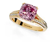 Solitaire Engagement Ring Setting for Fancy Pink Cushion Cut Center with Pave Rail Split Shank and Prong Head in Yellow Gold