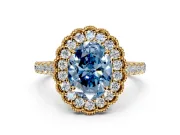 Milgrain Floral Halo Engagement Ring Setting for Fancy Blue Oval Center with Pave Band and Prong Head in Yellow Gold