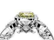 Milgrain Halo Engagement Ring Setting for Fancy Yellow Asscher Cut Center with Shoulder Bezels and Prong Head in White Gold