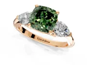 3 Stone Engagement Ring Setting for Fancy Green Cushion Cut Center with Large Pear-Shaped Accents and Prong Head in Rose Gold