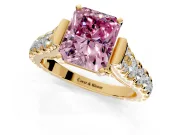 Solitaire Engagement Ring Setting for Fancy Pink Radiant Cut Center with Pave Cathedral Shoulders and Prong Head in Yellow Gold