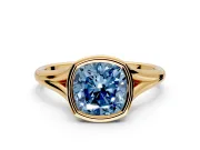 Solitaire Engagement Ring Setting for Fancy Blue Cushion Cut Center with V Split Shank and Bezel Head in Yellow Gold