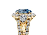Halo Engagement Ring Setting for Fancy Blue Oval Center with Two-Strand Split Shank and Prong Head in Yellow Gold