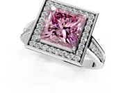 Halo Engagement Ring Setting for Fancy Pink Princess Cut Center with Outer Bezel Rim, Pave Band and Prong Head in White Gold
