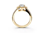 Milgrain Halo Engagement Ring Setting for Cushion Cut Center with Three-Sided Pave Band and Prong Head in Yellow Gold