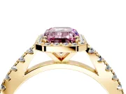 Halo Engagement Ring Setting for Fancy Pink Emerald Cut Center with Full Pave Band and Prong Head in Yellow Gold