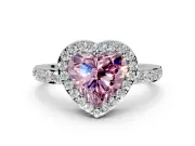 Halo Engagement Ring Setting for Fancy Pink Heart-Shaped Center with Heart-Shaped Openwork, Pave Band and Prong Head in White Gold