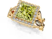 Halo Engagement Ring Setting for Fancy Yellow Princess Cut Center with Leaf Motif Split Shank and Prong Head in Yellow Gold