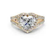 Halo Engagement Ring Setting for Heart-Shaped Center with Narrow Pave Split Shank and Prong Head in Yellow Gold