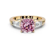 3 Stone Engagement Ring Setting for Fancy Pink Cushion Cut Center with Tapered Baguettes, Plain Band and Prong Head in Yellow Gold