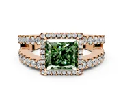 Halo Engagement Ring Setting for Fancy Green Princess Cut Center with Wide-Open Pave Split Shank and Prong Head in Rose Gold