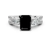 3 Stone Engagement Ring Setting for Fancy Black Emerald Cut Center with Pave Split Shank and Prong Head in Sterling Silver