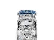 Pave Engagement Ring Setting for Fancy Blue Radiant Cut Center with Curved Accent Rows, Openwork and Prong Head in White Gold