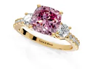3 Stone Engagement Ring Setting for Fancy Pink Cushion Cut Center with Round Cut Side Accents and Prong Head in Yellow Gold