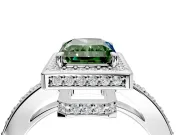 Halo Engagement Ring Setting for Fancy Green Radiant Cut Center with Metal-Rimmed Halo, Pave Band and Prong Head in Platinum