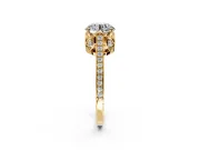 Cathedral Engagement Ring Setting for Round Cut Center with Antique-Style Pave Band and Prong Head in Yellow Gold