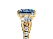 3 Stone Engagement Ring Setting for Fancy Blue Radiant Cut Center with Crossover Basket, Pave Band and Prong Head in Yellow Gold