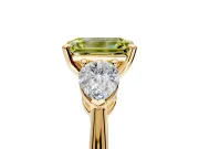 3 Stone Engagement Ring Setting for Fancy Yellow Emerald Cut Center with Large Pear-Shaped Accents and Prong Head in Yellow Gold
