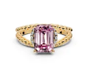 Halo Engagement Ring Setting for Fancy Pink Emerald Cut Center with Rope Twist Split Shank and Prong Head in Yellow Gold