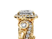 Milgrain Halo Engagement Ring Setting for Radiant Cut Center with Shoulder Bezels and Prong Head in Yellow Gold