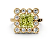 Cluster Halo Engagement Ring Setting for Fancy Yellow Princess Cut Center with Milgrain Bezel Accents and Prong Head in Yellow Gold