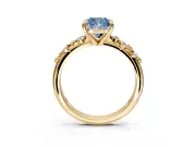 Solitaire Engagement Ring Setting for Fancy Blue Cushion Cut Center with Trailing Leaf Accent Band and Prong Head in Yellow Gold