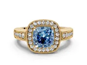 Milgrain Halo Engagement Ring Setting for Fancy Blue Cushion Cut Center with Pave Band and Prong Head in Yellow Gold