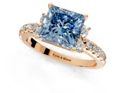 Paired Accent Engagement Ring Setting for Fancy Blue Princess Cut Center with Pave Band and Prong Head in Rose Gold
