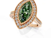Halo Engagement Ring Setting for Fancy Green Marquise Center with Milgrain Frame, Pave Band and Prong Head in Rose Gold