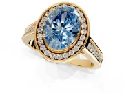 Halo Engagement Ring Setting for Fancy Blue Oval Center with Outer Bezel Rim, Pave Band and Prong Head in Yellow Gold