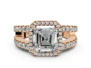 Halo Engagement Ring Setting for Asscher Cut Center with Wide-Open Pave Split Shank and Prong Head in Rose Gold