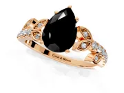 Leaf Motif Engagement Ring Setting for Fancy Black Pear-Shaped Center with Pave Band and Prong Head in Rose Gold