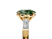 3 Stone Engagement Ring Setting for Fancy Green Oval Center with Tapered Baguettes, Plain Band and Prong Head in Yellow Gold