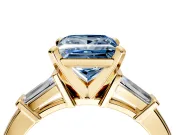 3 Stone Engagement Ring Setting for Fancy Blue Princess Cut Center with Channel Baguette Accents and Prong Head in Yellow Gold